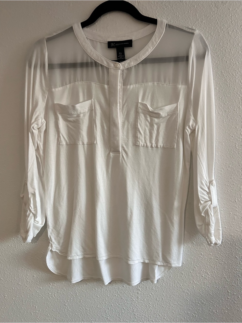 INC International Concepts White Sheer-Yoke Button Front Blouse